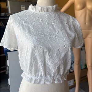 Altar'd State White Eyelet Ruffle Mock-Neck Crop Top
